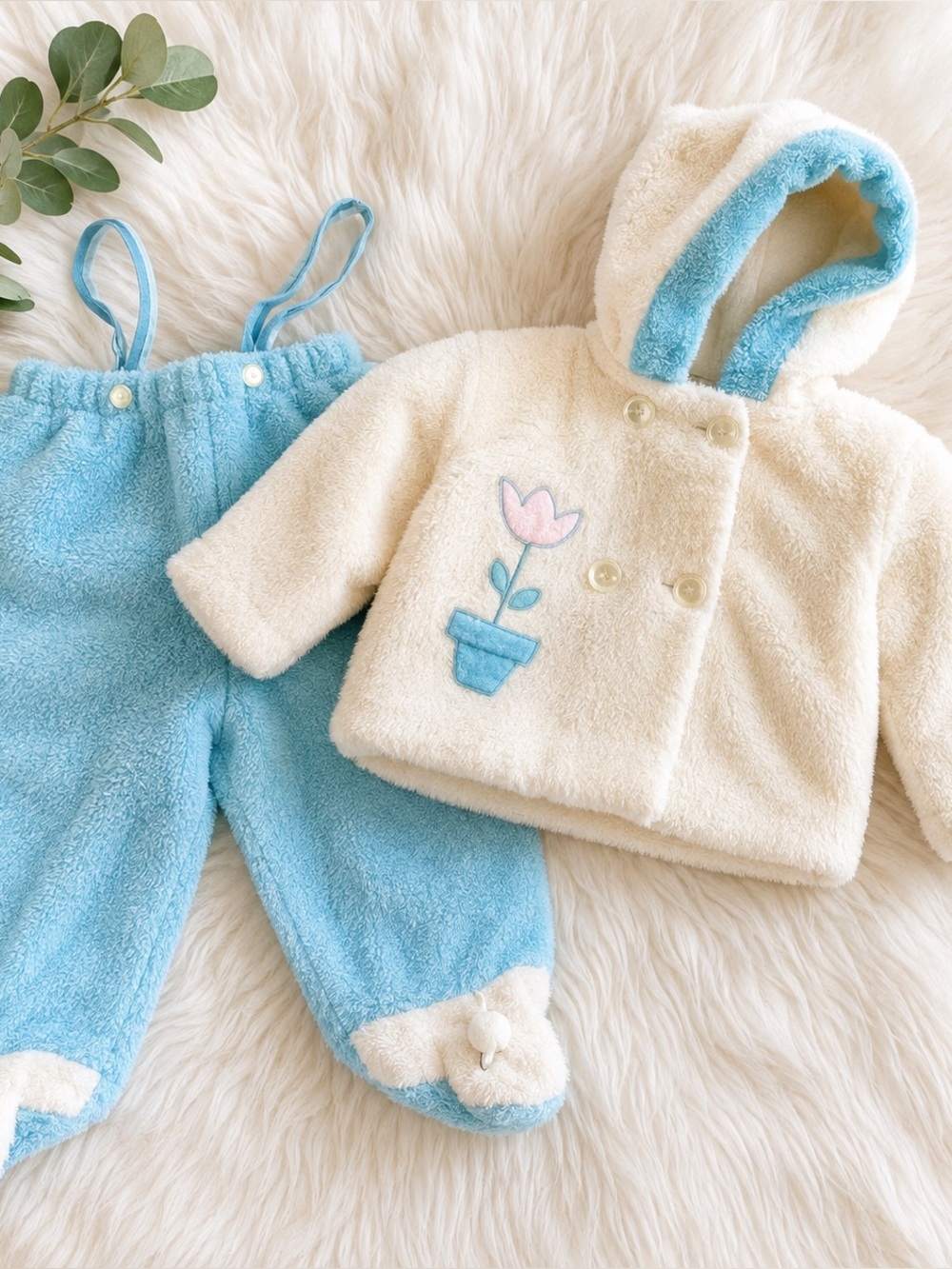 Vintage 70s Baby Snowsuit 2 Piece Blue White Fuzzy Hooded Winter Outfit